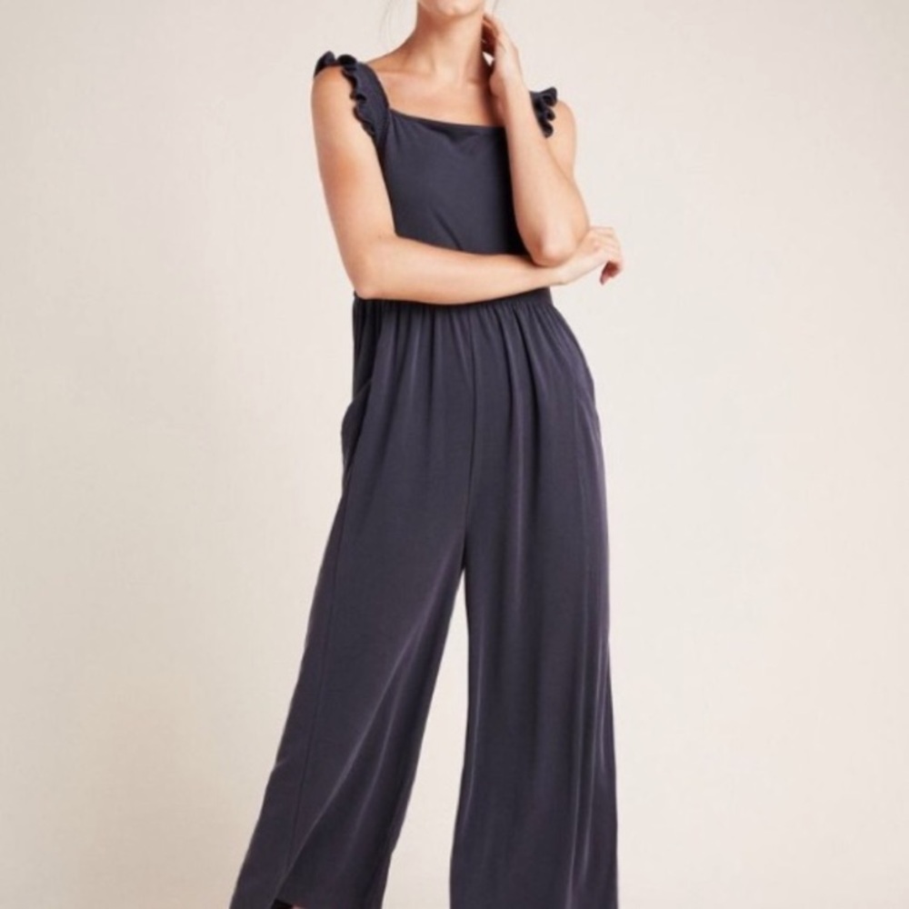 Anthropologie “billie jumpsuit” ribbed, wide leg and ruffle sleeve